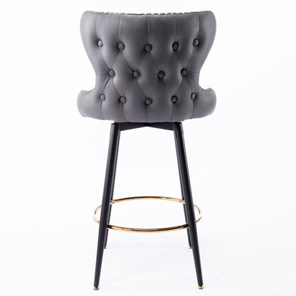 A&A Furniture,29" Modern Leathaire Fabric bar chairs,180° Swivel Bar Stool Chair for Kitchen,Tufted Gold Nailhead Trim Gold Decoration Bar Stools with Metal Legs,Set of 2 (Dark Gray)