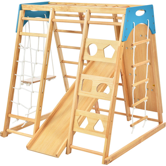 Wooden Indoor Kids Playground Jungle Gym with Slide, Toddlers Wooden Climber 8-in-1 Slide Playset, Wooden Rock Climbing Wall with Rope Wall Climb, Monkey Bars, and Swing for Kids