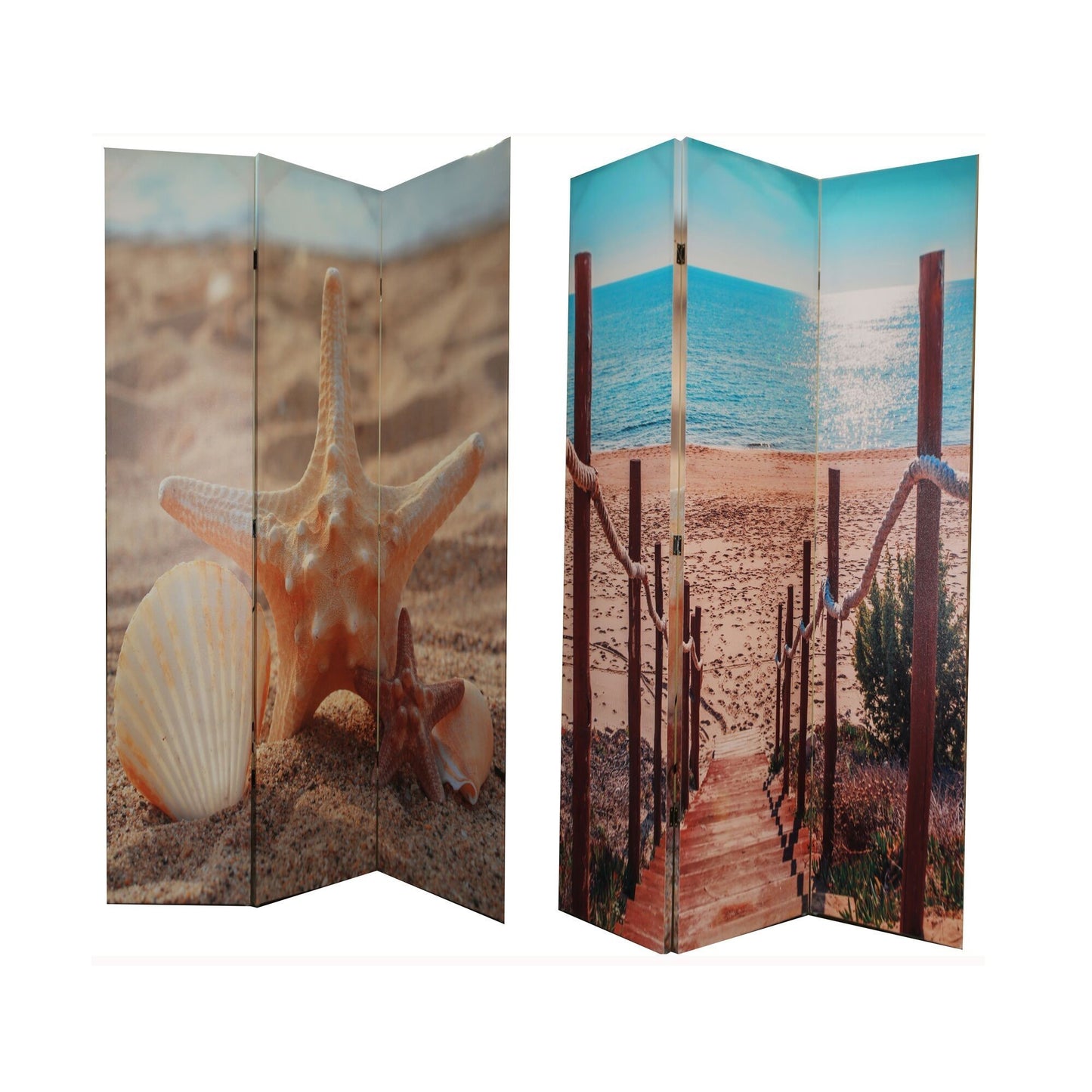 71 Inch 3 Panel Room Divider, Beach Theme, Dual Side Print, Multicolor