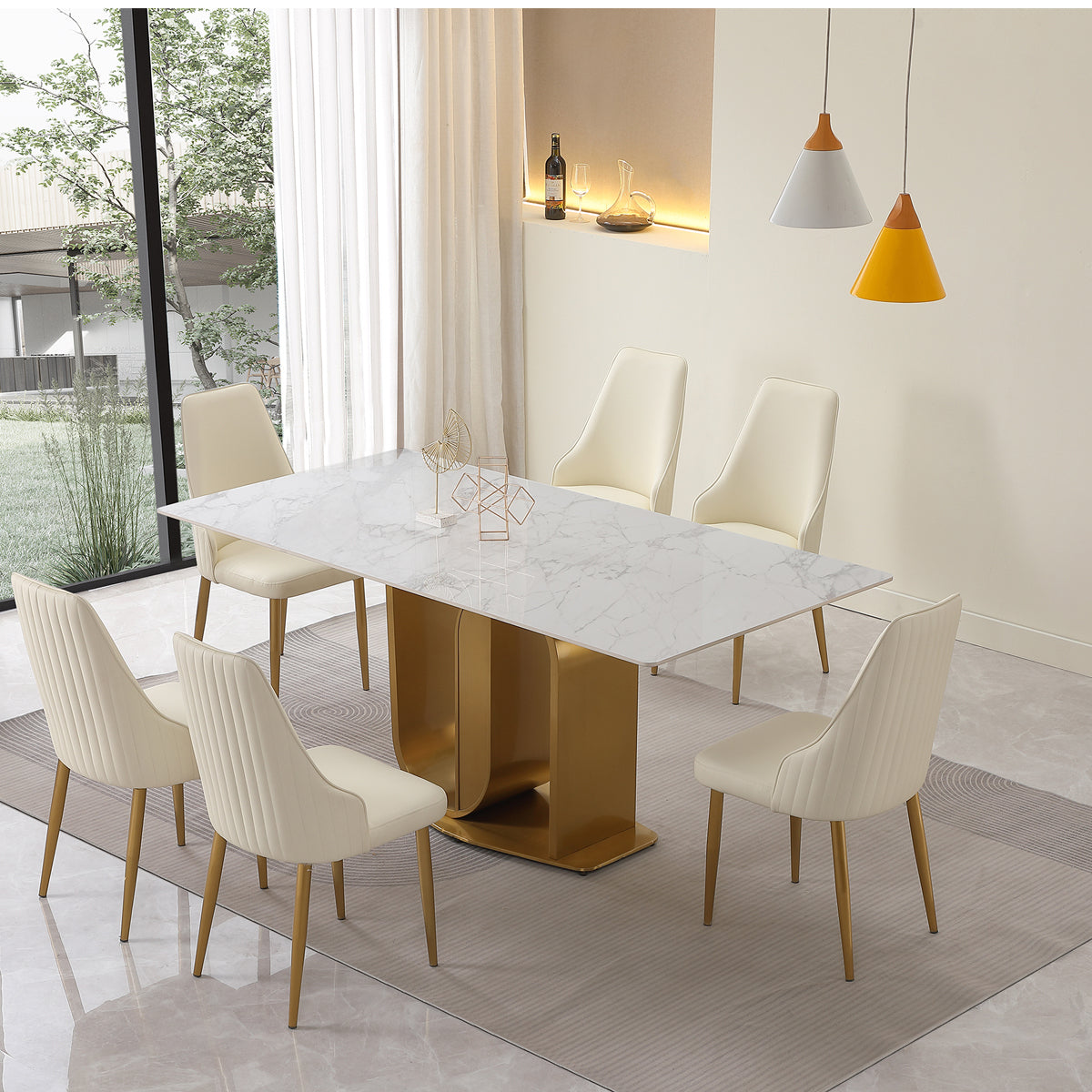 71" Contemporary Dining Table  Sintered Stone  U shape Pedestal Base in Gold finish with 6 pcs Chairs .