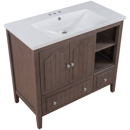 [VIDEO] 36" Bathroom Vanity with Ceramic Basin, Bathroom Storage Cabinet with Two Doors and Drawers, Solid Frame, Metal Handles, Brown