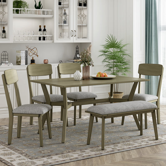 TREXM Mid-Century Style 6-Piece Dining Table Set Wooden Dining Table and Fabric Chair with Bench (Antique Yellow+Gray)