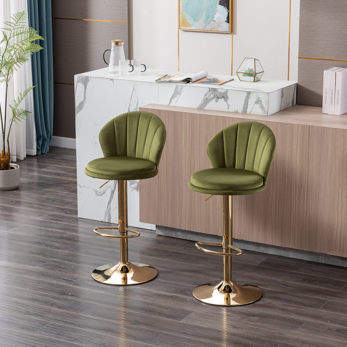 Set of 2  Bar Stools,with Chrome Footrest and Base Swivel Height Adjustable Mechanical Lifting Velvet + Golden Leg Simple Bar Stool-Light green