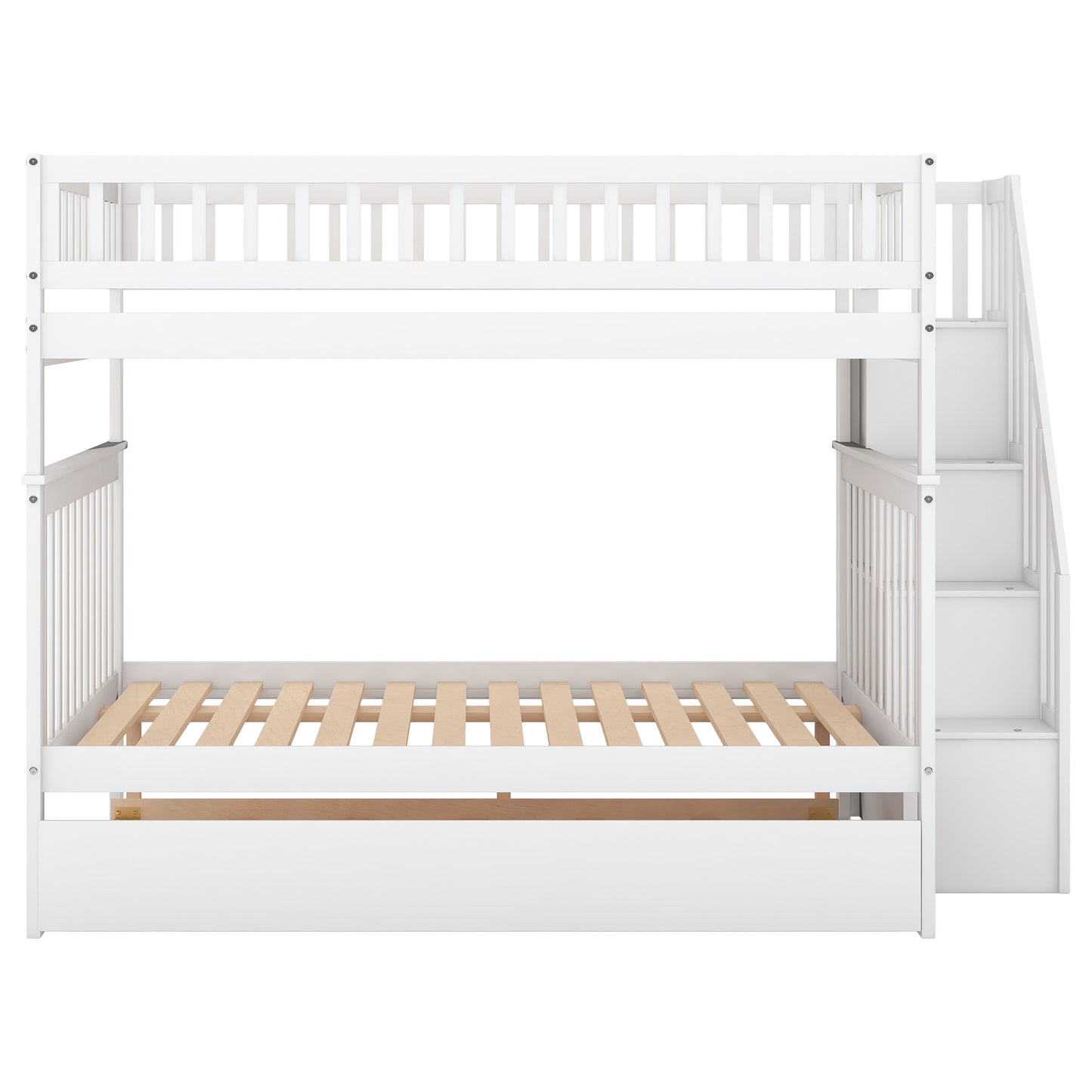 Full over Full Bunk Bed with Trundle and Staircase,White