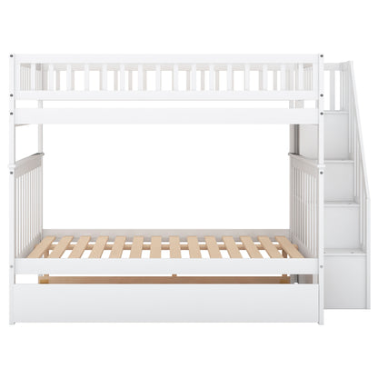 Full over Full Bunk Bed with Trundle and Staircase,White