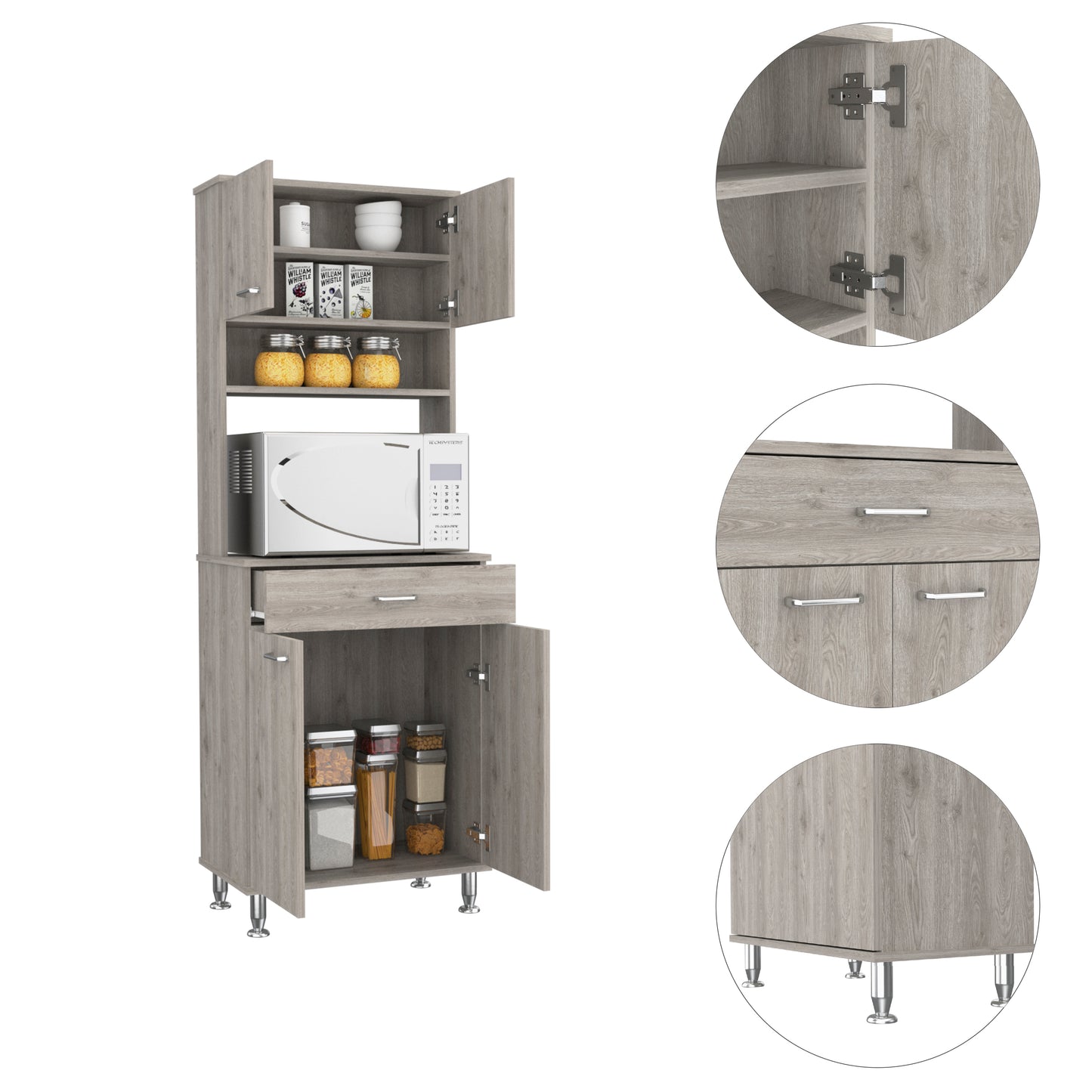 Santa Maria 1-Drawer 1-Shelf Area Pantry with Adjustable Metal Legs Light Grey