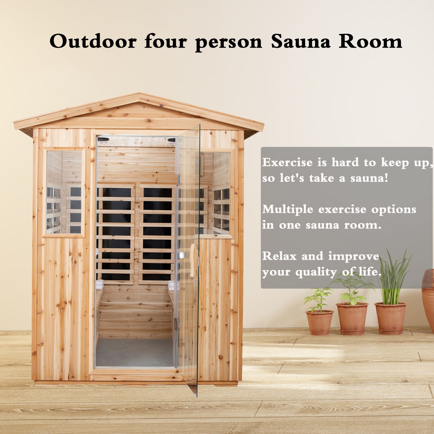 Outdoor Sauna for 4 Person,applicable indoors and outdoors. Far Infrared Sauna 8 Low EMF Heaters, Wooden Sauna Room 2050 Watt, Old Chinese fir, Chromotherapy, Bluetooth Speaker, LCD, LED.