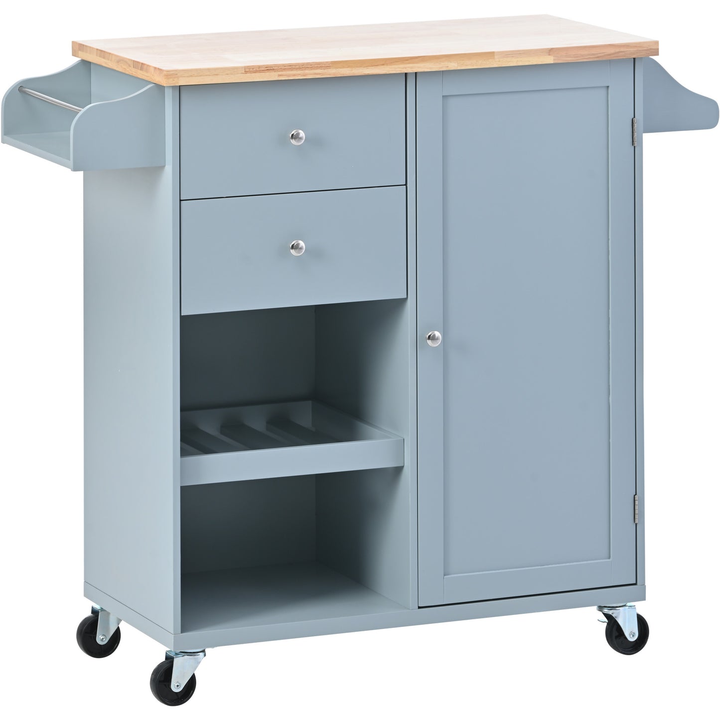 K&K Store Kitchen Cart with Spice Rack ,Towel Rack & Two Drawers,Rubber wood top,Kitchen Island with 4 Wheels for Dining Rooms Kitchens Living Rooms, Grey Blue