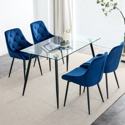 Kitchen Dining Room Metal legs Glass Table Set with 4 pcs blue velvet fabric dining chairs