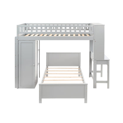 Twin Size Loft Bed with Closet and Desk, Extra Bottom Twin Bed, Grey