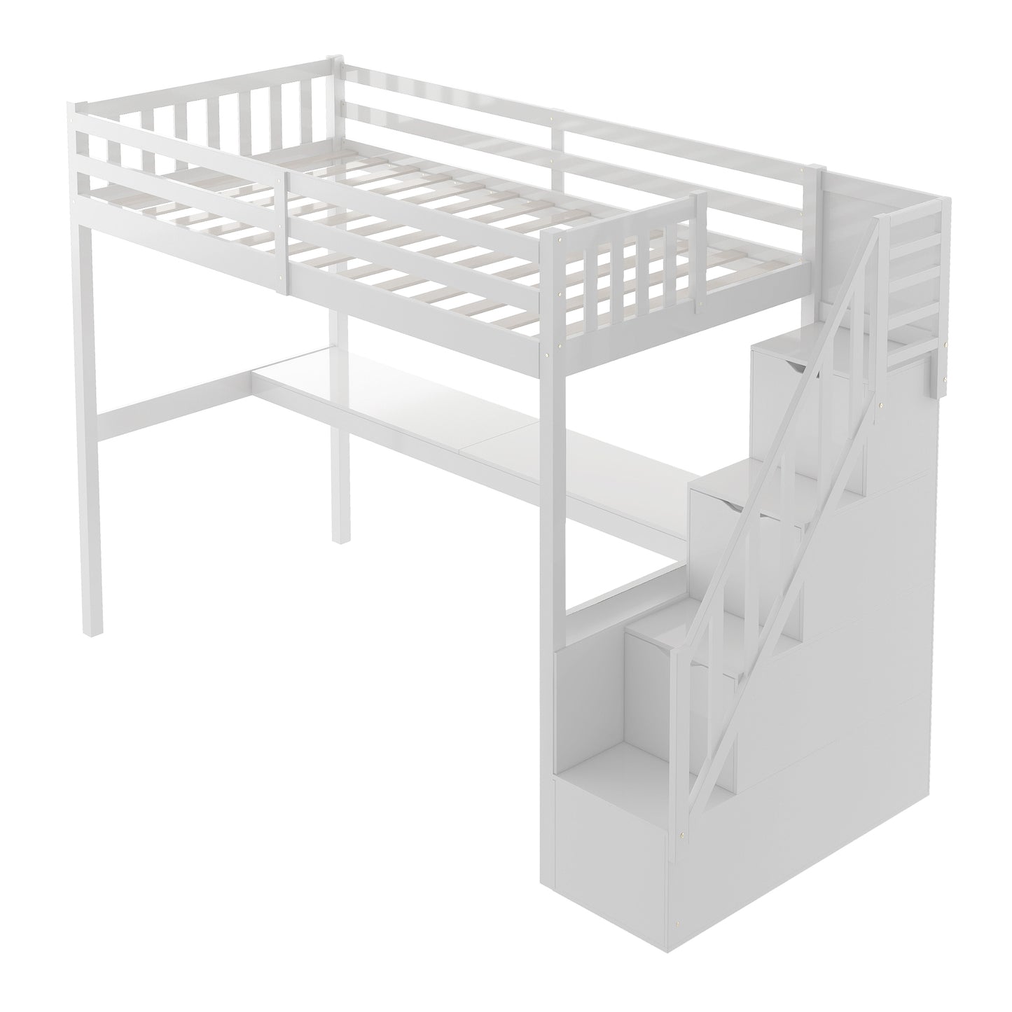 Twin Size Loft Bed with Staircase and Built-in Desk ,White