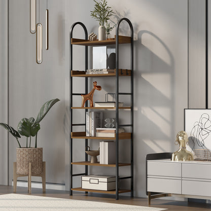 70.8 Inch Tall Bookshelf, 6-tier Shelves with Round Top Frame, MDF Boards, Adjustable Foot Pads, Brown