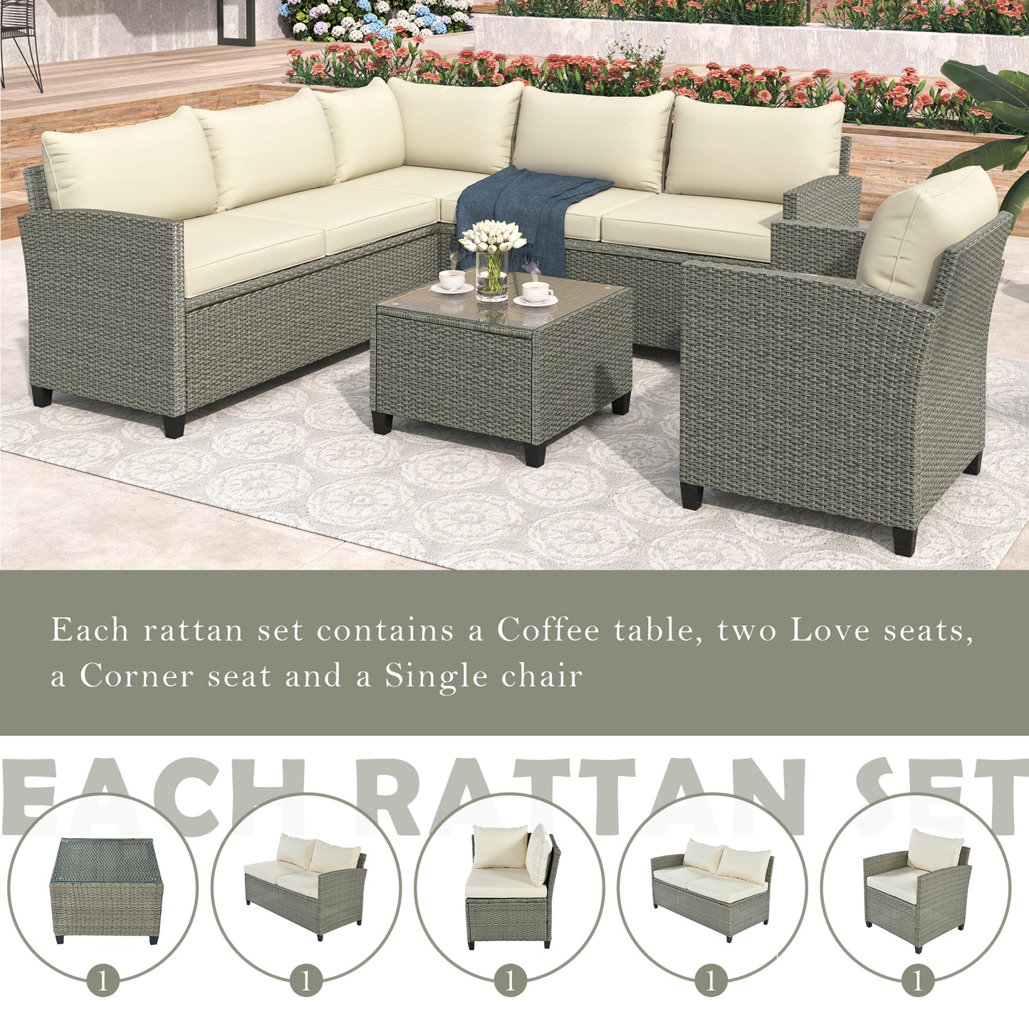 U_STYLE Patio Furniture Set, 5 Piece Outdoor Conversation Set，with Coffee Table, Cushions and Single Chair