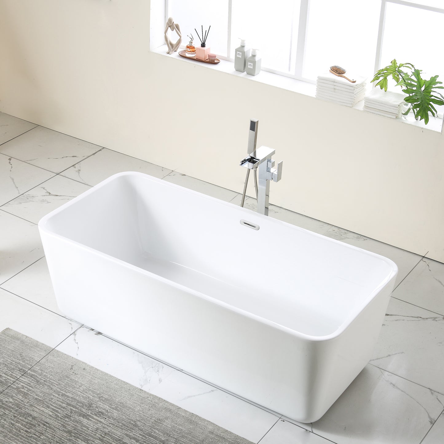 67"L x 31.5\'\'W Acrylic Art Freestanding Alone White Soaking Bathtub with Brushed Nickel Overflow and Drain