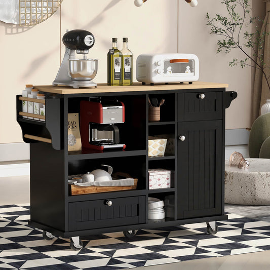 K&K Kitchen Island Cart with Storage Cabinet and Two Locking Wheels,Solid wood desktop,Microwave cabinet,Floor Standing Buffet Server Sideboard for Kitchen Room,Dining Room,, Bathroom（Black）