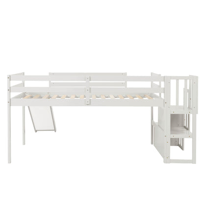 Loft Bed with Staircase, Storage, Slide, Twin size, Full-length Safety Guardrails, No Box Spring Needed, White \\\\n(Old Sku:W504S00004)