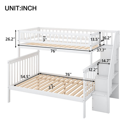 Twin over Full Stairway Bunk Bed with storage, White