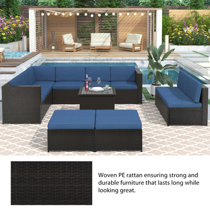 U_Style 9 Piece Rattan Sectional Seating Group with Cushions and Ottoman, Patio Furniture Sets, Outdoor Wicker Sectional