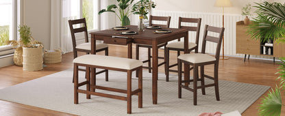 TOPMAX Wood 6-Piece Dining Table Set with Storage Drawer, Counter Height Square Kitchen Set with Upholstered Chair and Bench, Walnut