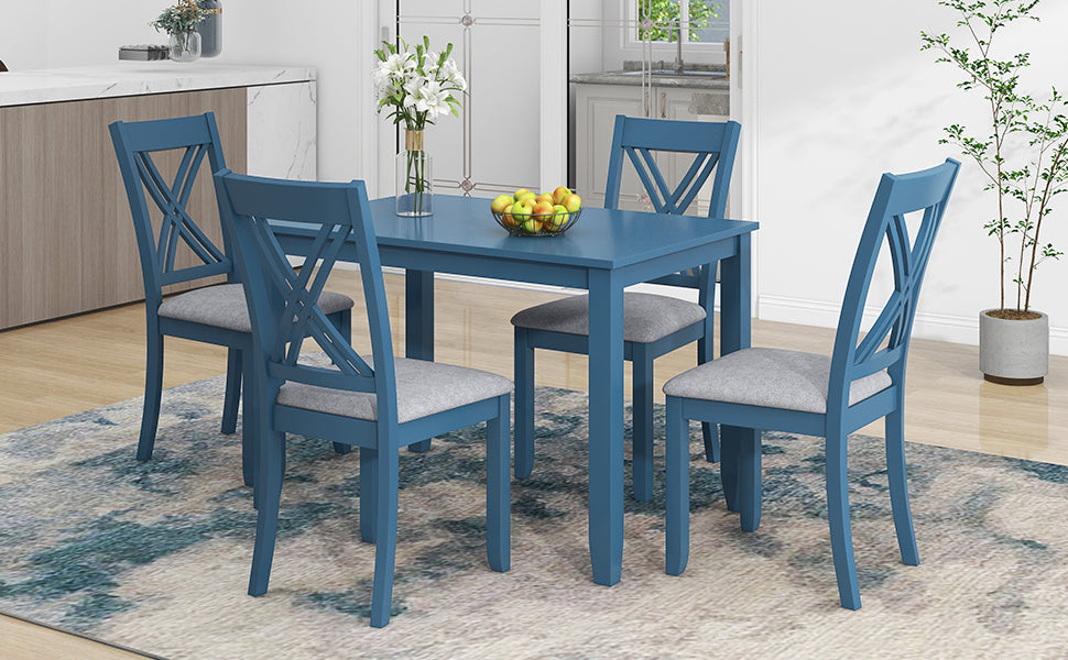 TOPMAX Rustic Minimalist Wood 5-Piece Dining Table Set with 4 X-Back Chairs for Small Places, Blue