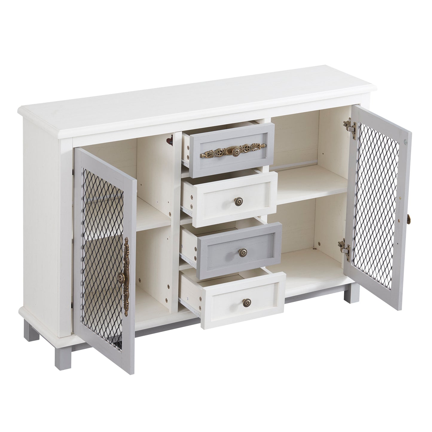 TREXM Retro Style Cabinet with 4 Drawers of the Same Size and 2 Iron Mesh Doors for Living Room and Entryway