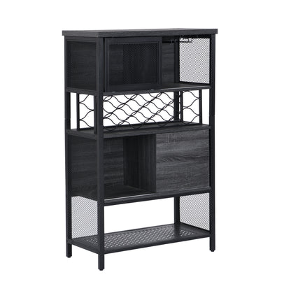 Industrial Bar Cabinet with Wine Rack for Liquor and Glasses, Wood and Metal Cabinet for Home Kitchen Storage Cabinet