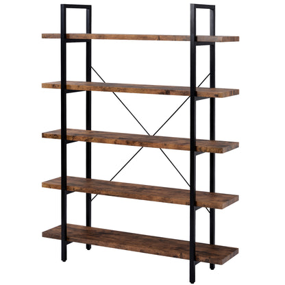 ON-TREND  5-tier Industrial Bookcase with Rustic Wood and Metal Frame, Large Open Bookshelf for Living Room（Distressed Brown）