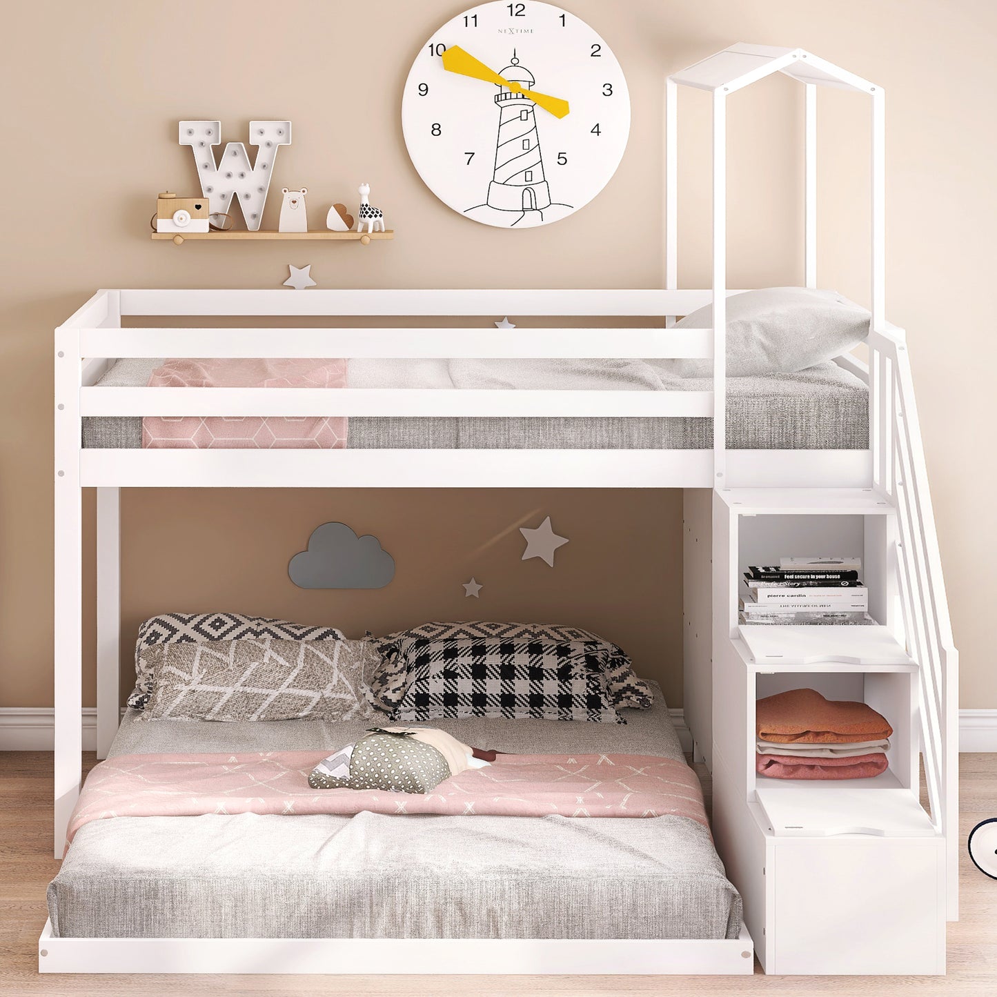 Twin over Full House Roof Bunk Bed with Staircase and Shelves, White