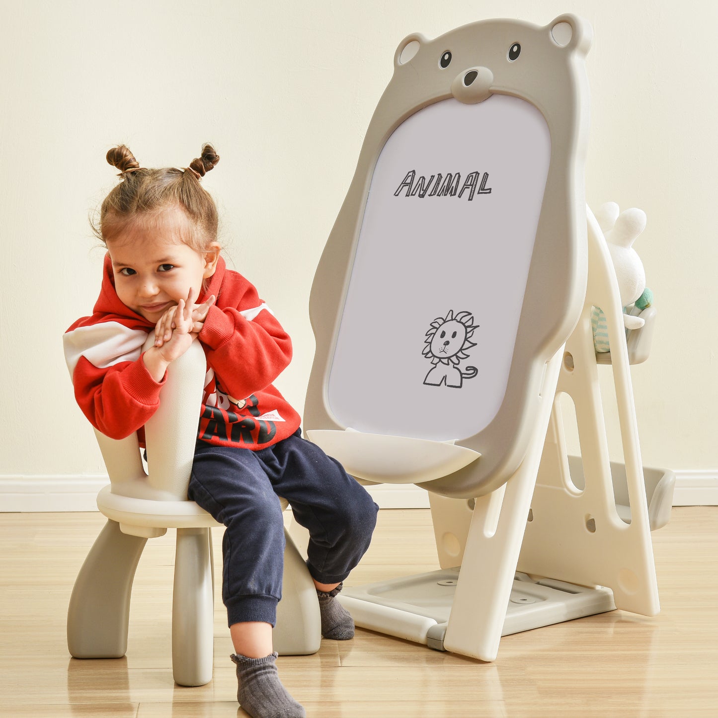 Folding Kids Art Easel with Stool and Adjustable Whiteboard, Standing Foldable Easel-Dry Erase Board with Book Shelf and Toddler Chair for Girls and Boys