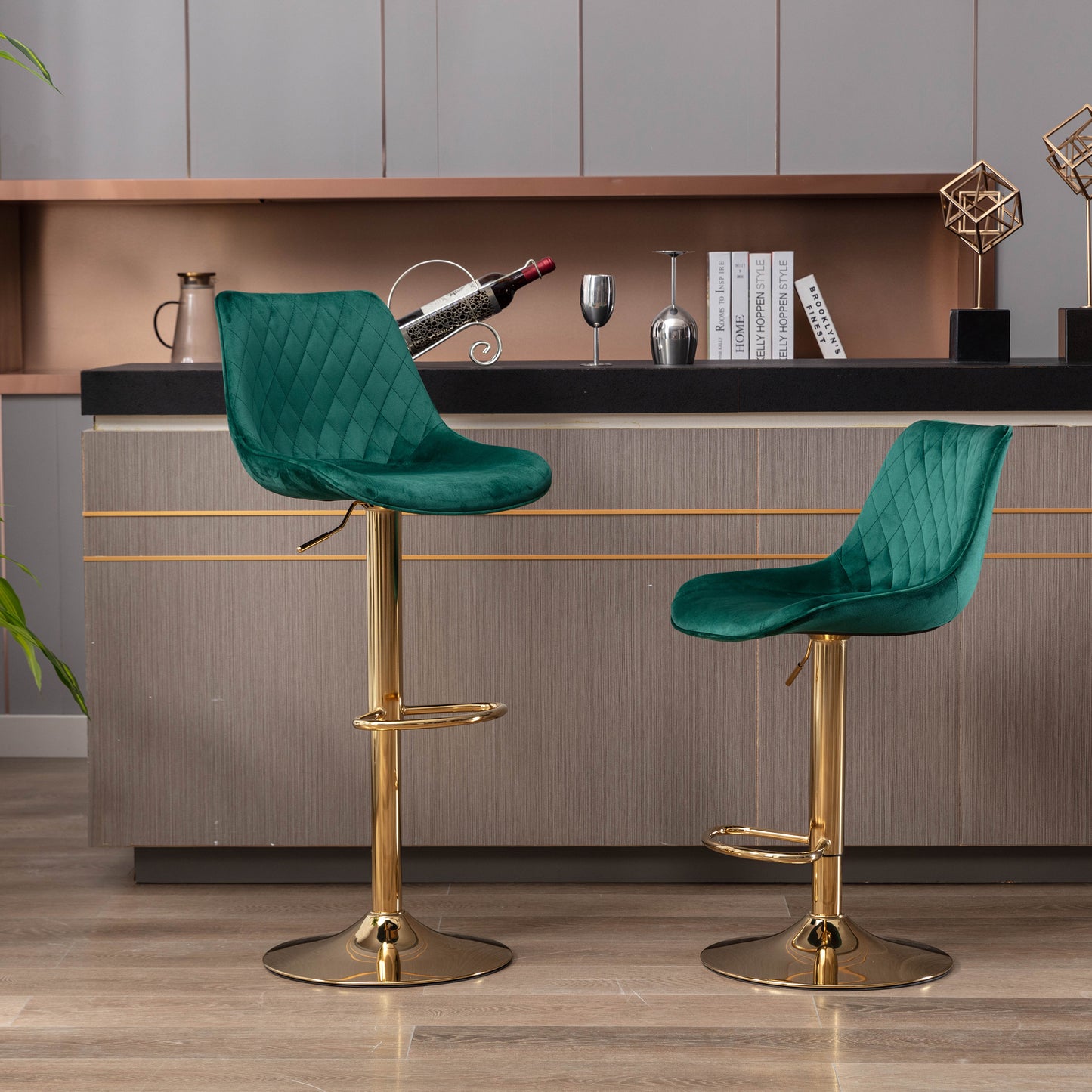 Set of 2  Bar Stools,with Chrome Footrest and Base Swivel Height Adjustable Mechanical Lifting Velvet + Golden Leg Simple Bar Stool-green