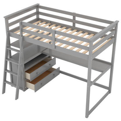 Twin Size Loft Bed with Desk and Shelves,Two Built-in Drawers,Gray(OLD SKU:GX000803AAE)