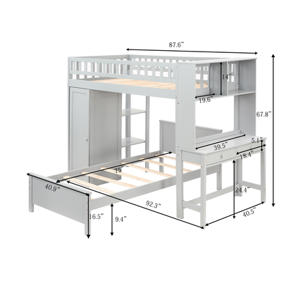 Twin Size Loft Bed with Closet and Desk, Extra Bottom Twin Bed, Grey