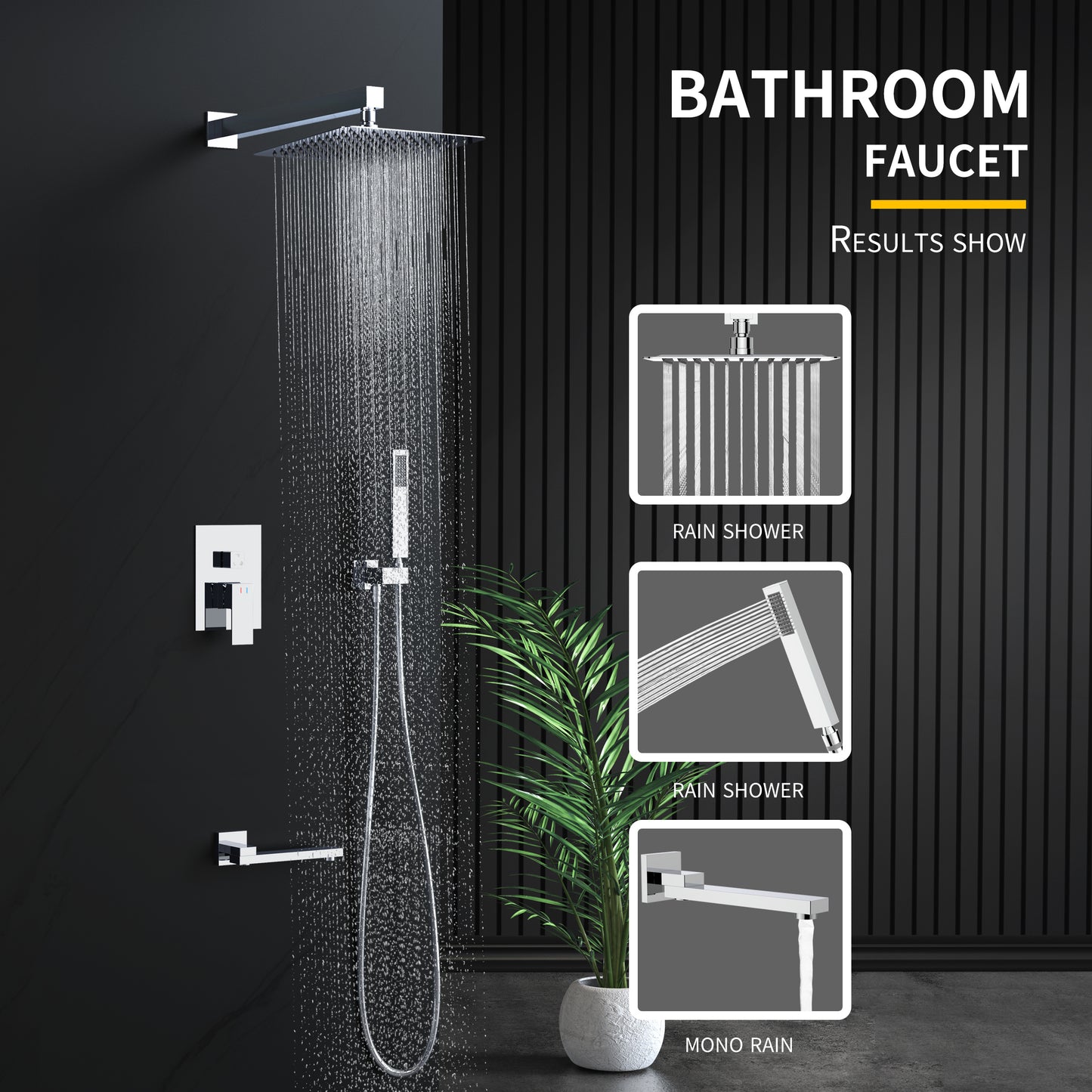 Shower System, Ultra-thin Wall Mounted Shower Faucet Set for Bathroom, Stainless Steel Rain Shower head Handheld Shower Set, 12 inch square large panel, Chrome