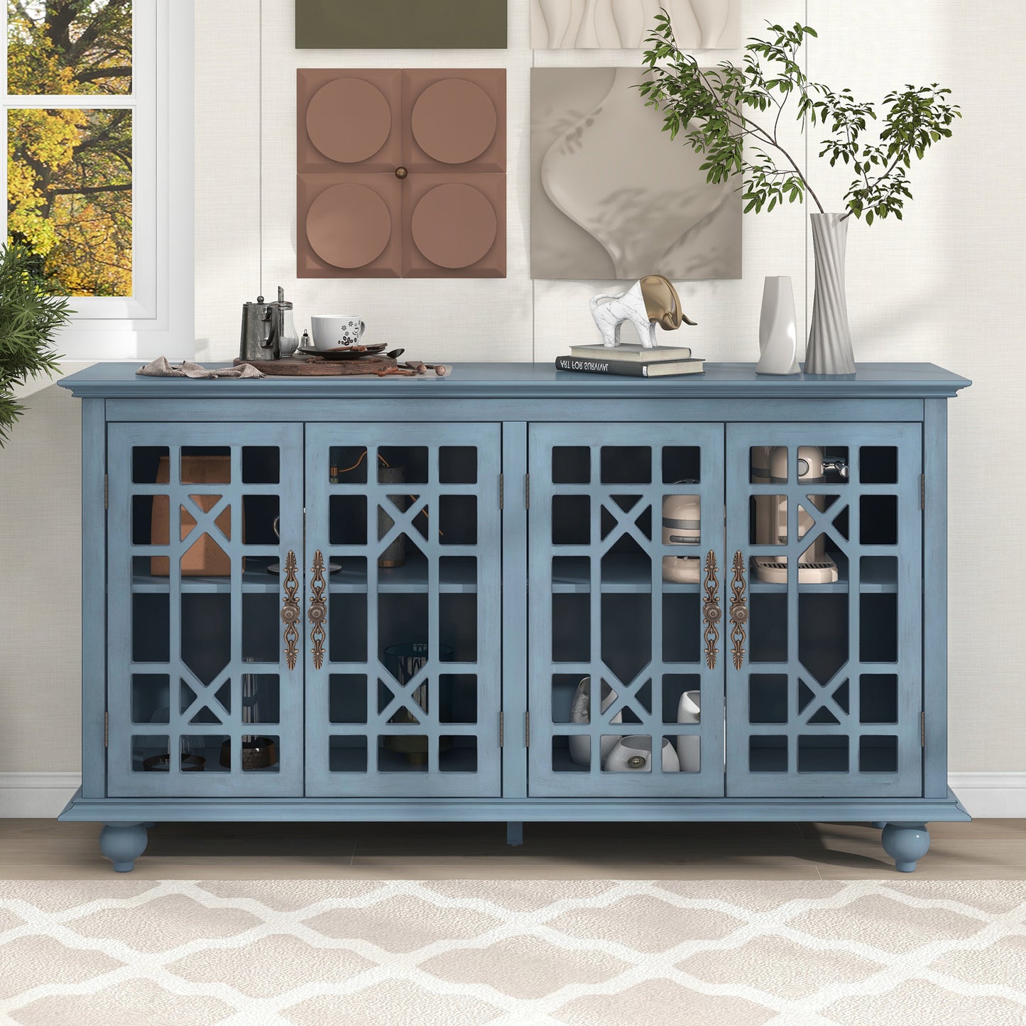 TREXM Sideboard with Adjustable Height Shelves, Metal Handles, and 4 Doors for Living Room, Bedroom, and Hallway (Teal Blue)