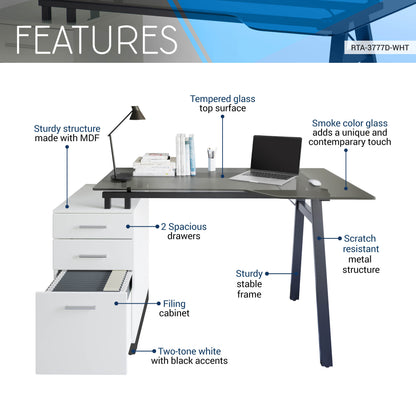 Techni Mobili Modern Home Office Computer Desk with smoke tempered glass top & storage - White