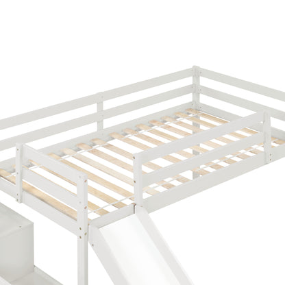 Loft Bed with Staircase, Storage, Slide, Twin size, Full-length Safety Guardrails, No Box Spring Needed, White \\\\n(Old Sku:W504S00004)