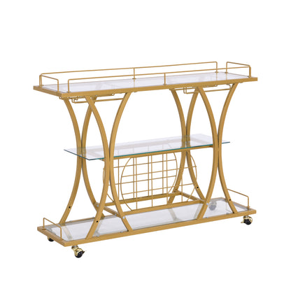 Golden Bar Cart with Wine Rack Tempered Glass Metal Frame Wine Storage