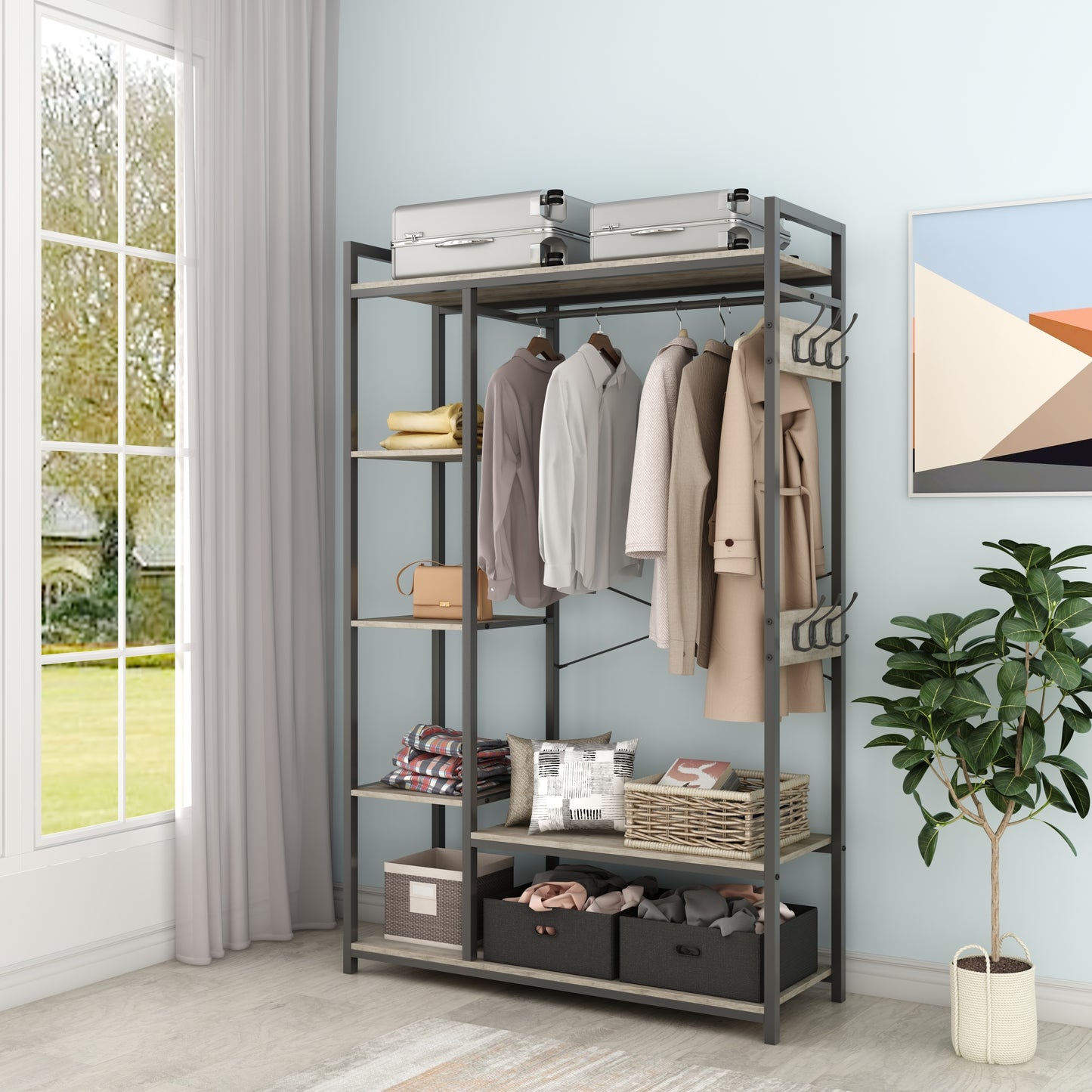 JHX Organized Garment Rack with Storage, Free-Standing Closet System with Open Shelves and Hanging Rod(Grey,43.7’’w x 15.75’’d x 70.08’’h).