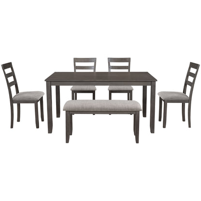 TREXM 6-Piece Kitchen Simple Wooden Dining Table and Chair with Bench, Fabric Cushion (Gray)