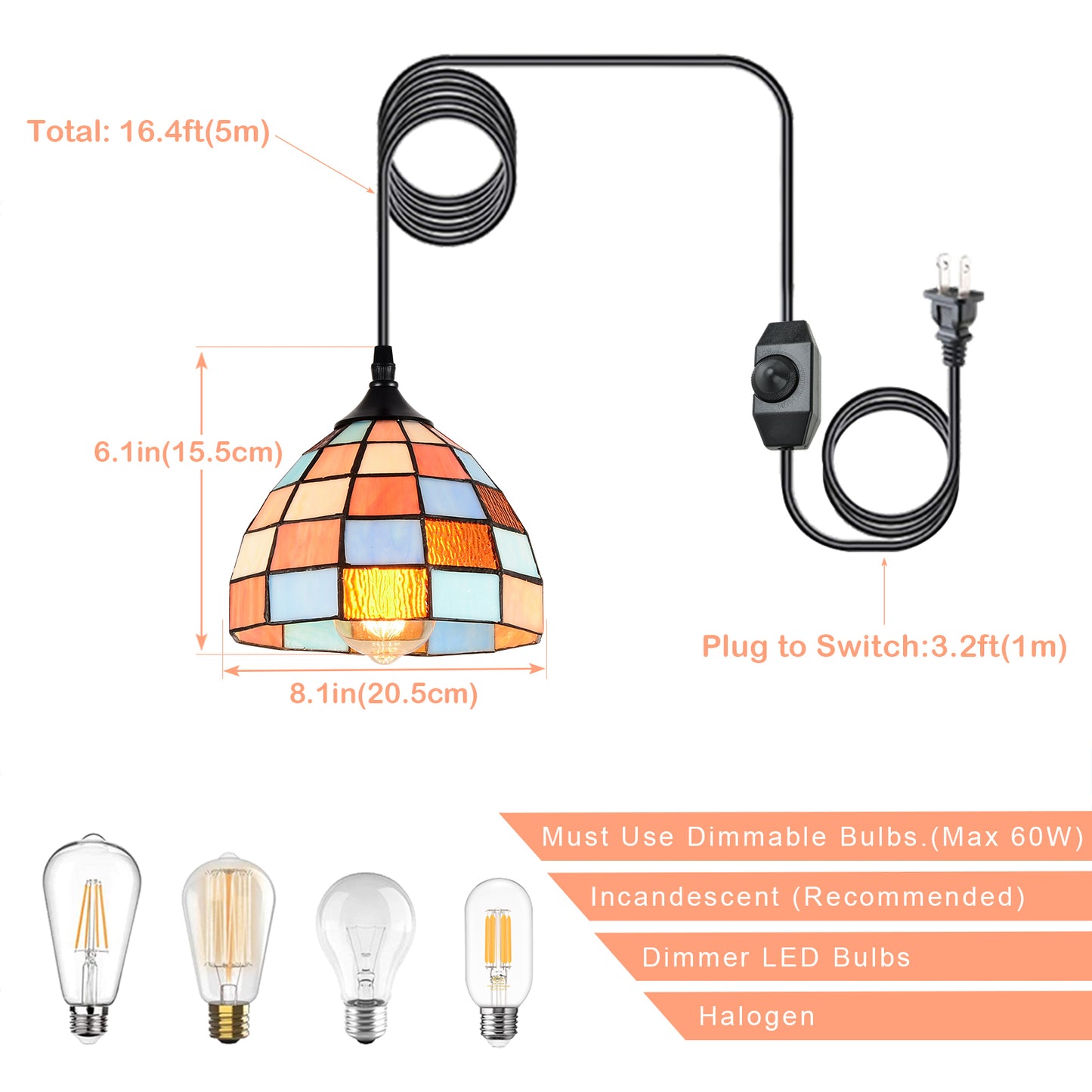 Plug in Pendant Light Fixtures, Tiffany Hanging Lights with Plug in Cord, Outdoor Plug in Chandelier for Gazebo Porch