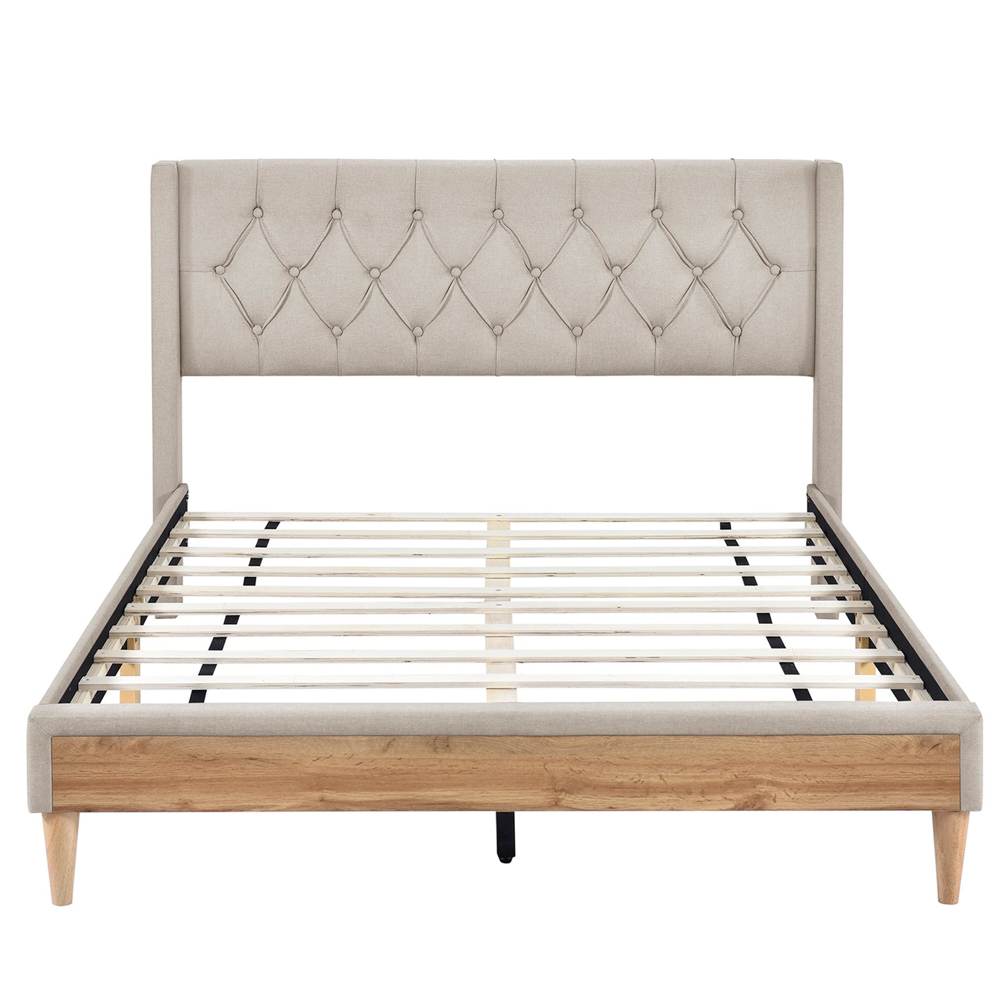 Upholstered Platform Bed with Rubber Wood Legs,No Box Spring Needed, Linen Fabric,Full Size-Beige