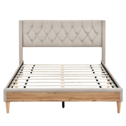 Upholstered Platform Bed with Rubber Wood Legs,No Box Spring Needed, Linen Fabric,Full Size-Beige