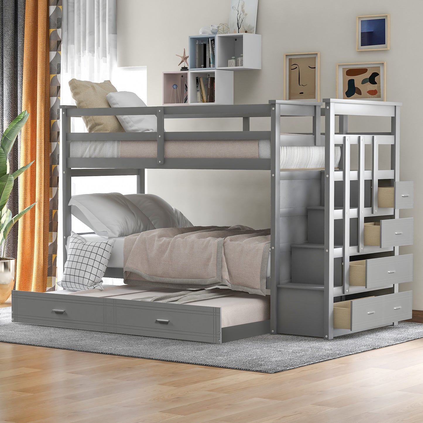 Solid Wood Bunk Bed, Hardwood Twin Over Twin Bunk Bed with Trundle and Staircase, Natural Gray Finish(Old SKU: LP000068AAE)