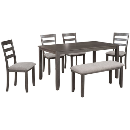 TREXM 6-Piece Kitchen Simple Wooden Dining Table and Chair with Bench, Fabric Cushion (Gray)