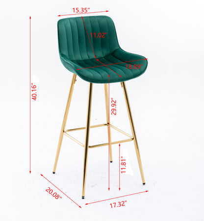 30 inch Set of 2 Bar Stools,with Chrome Footrest Velvet Fabric Counter Stool Golden Leg Simple High Bar Stool,GREEN