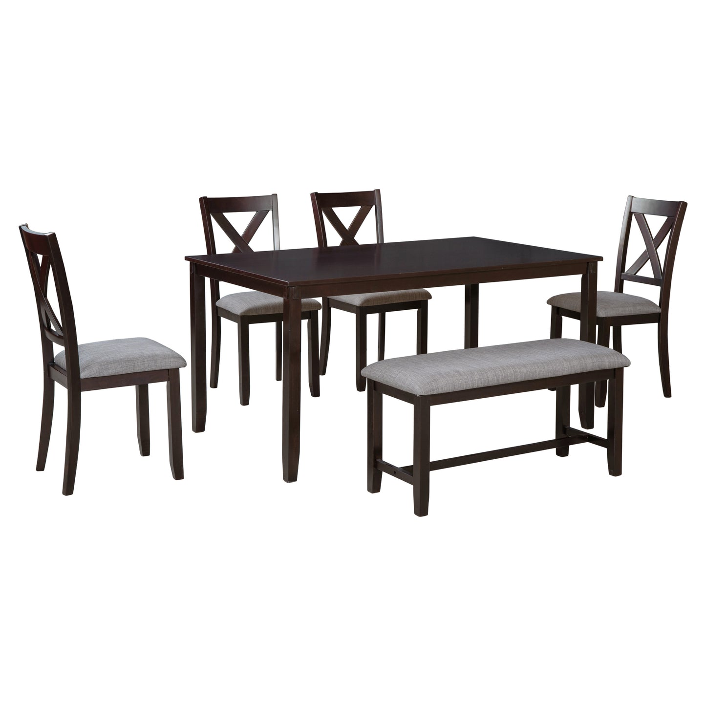 TREXM 6-Piece Kitchen Dining Table Set Wooden Rectangular Dining Table, 4 Dining Chairs and Bench Family Furniture for 6 People (Espresso)