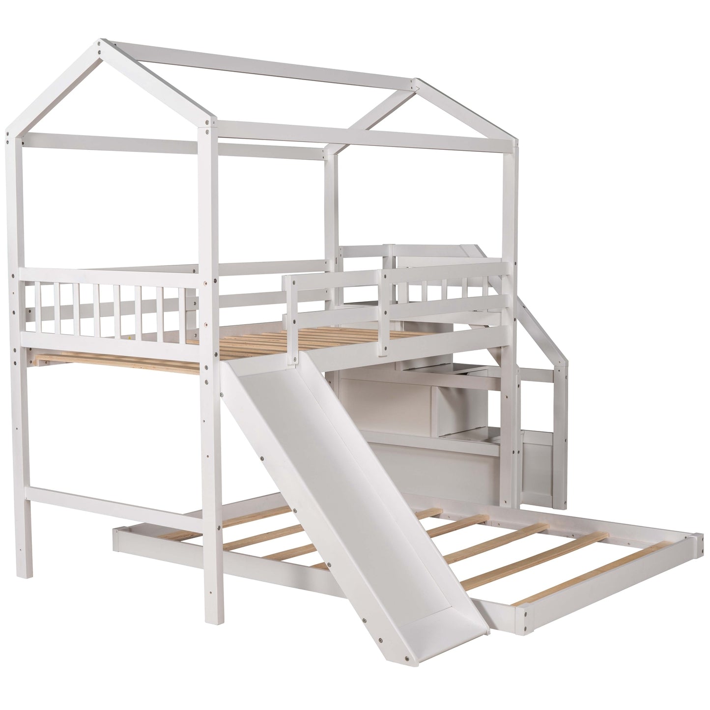 Twin over Full House Bunk Bed with Convertible Slide and Storage Staircase,Full-Length Guardrail,White