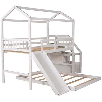 Twin over Full House Bunk Bed with Convertible Slide and Storage Staircase,Full-Length Guardrail,White