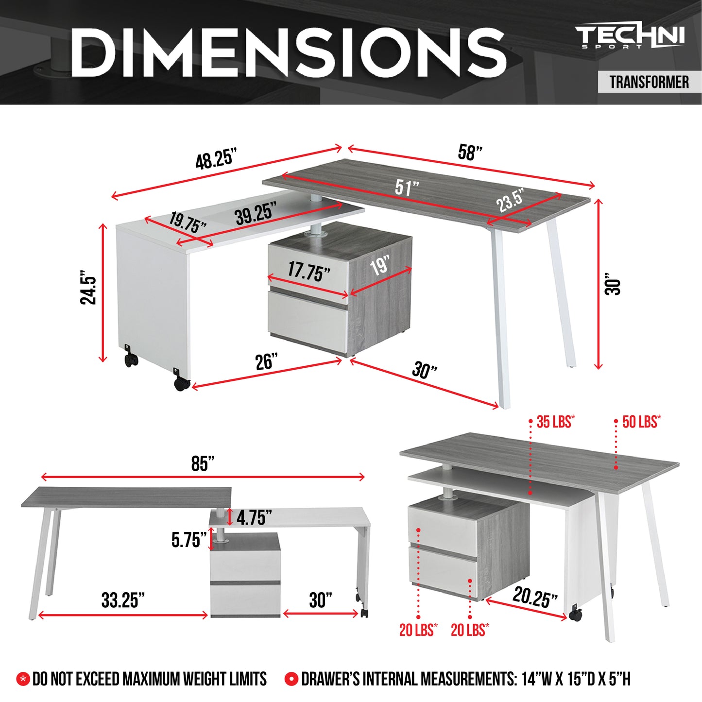 Techni Mobili Rotating Multi-Positional Modern Desk, Grey