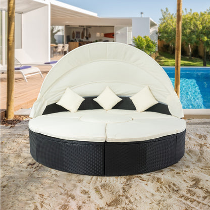 Outdoor Patio Round Daybed with Retractable Canopy Rattan Wicker Furniture Sectional Seating with Washable Cushions for Patio Backyard Porch Pool